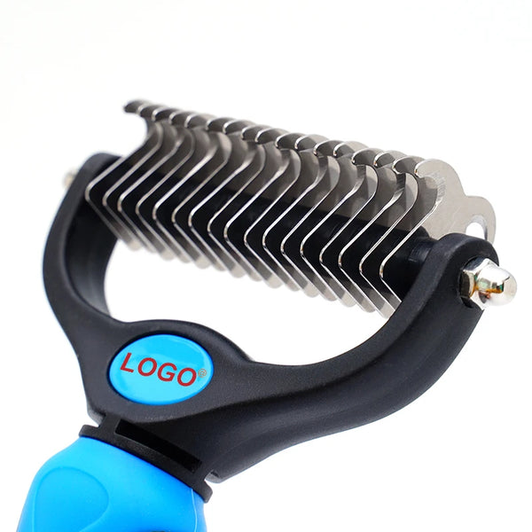 A black pet comb with a blue handle and stainless steel teeth for detangling fur.