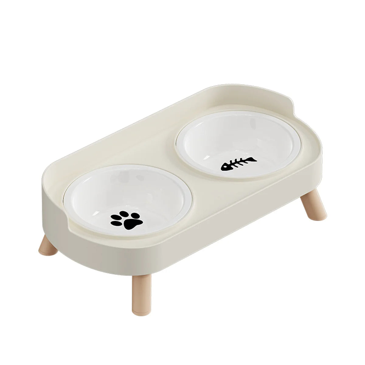 A light beige stainless steel double bowl for dogs and cats with two shallow bowls.