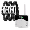 A white remote trainer device is shown next to three black and white dual function dog training collars.