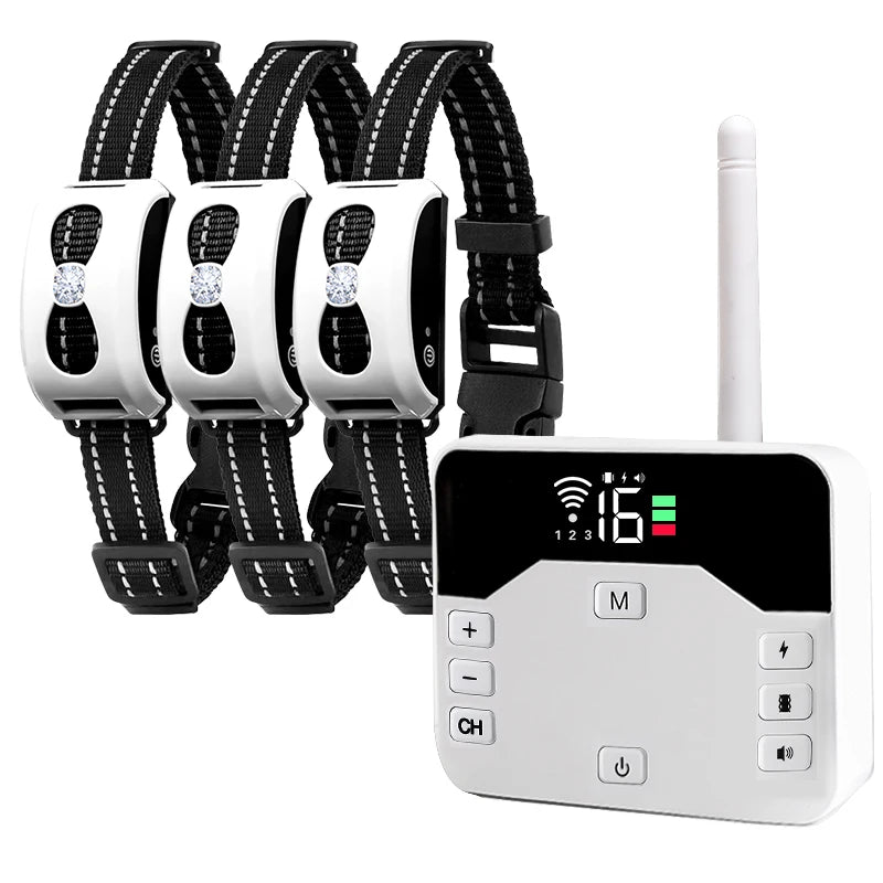 A white remote trainer device is shown next to three black and white dual function dog training collars.