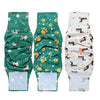Three packs of washable dog sanitary wraps featuring green and white patterns with paw prints and small animal silhouettes