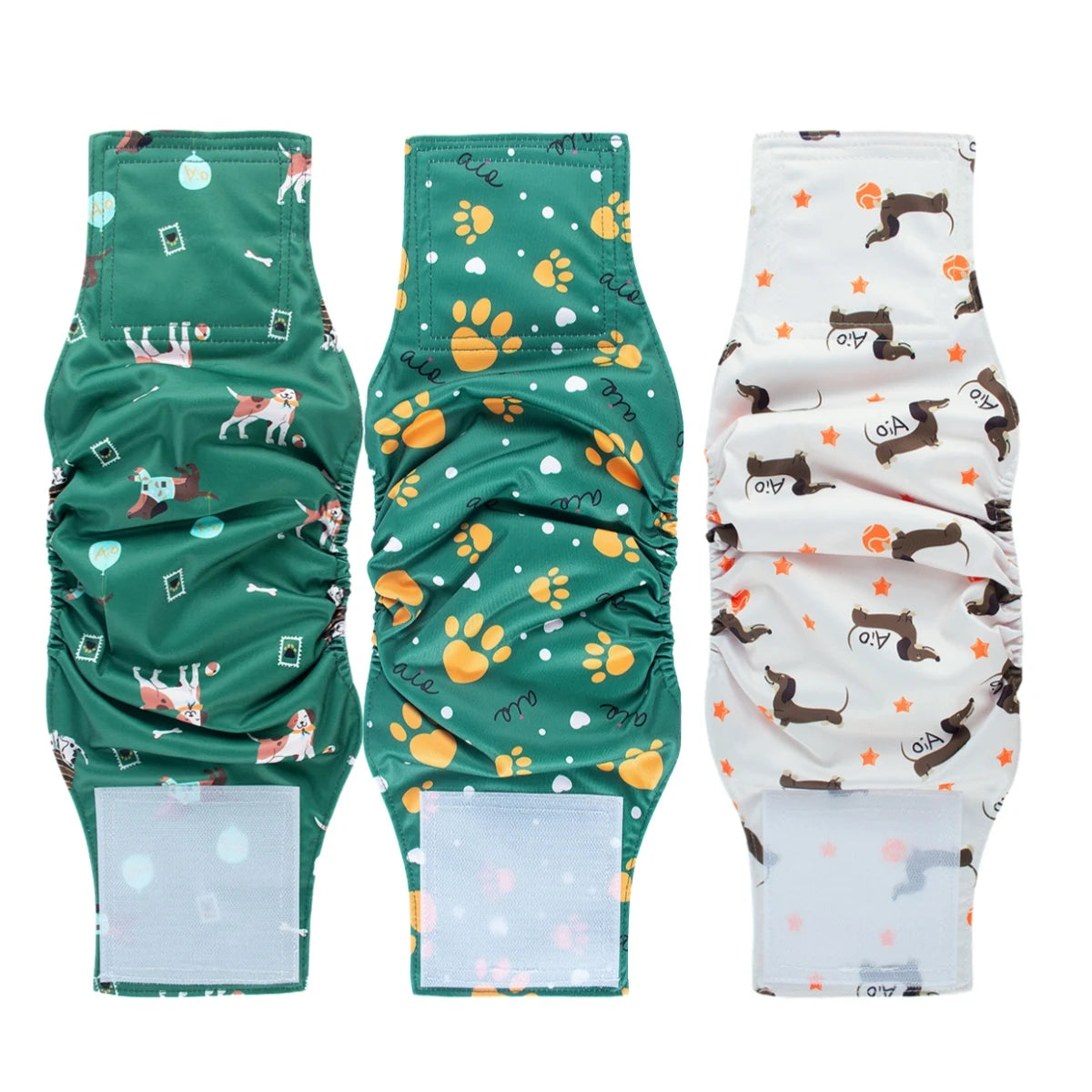 Three packs of washable dog sanitary wraps featuring green and white patterns with paw prints and small animal silhouettes