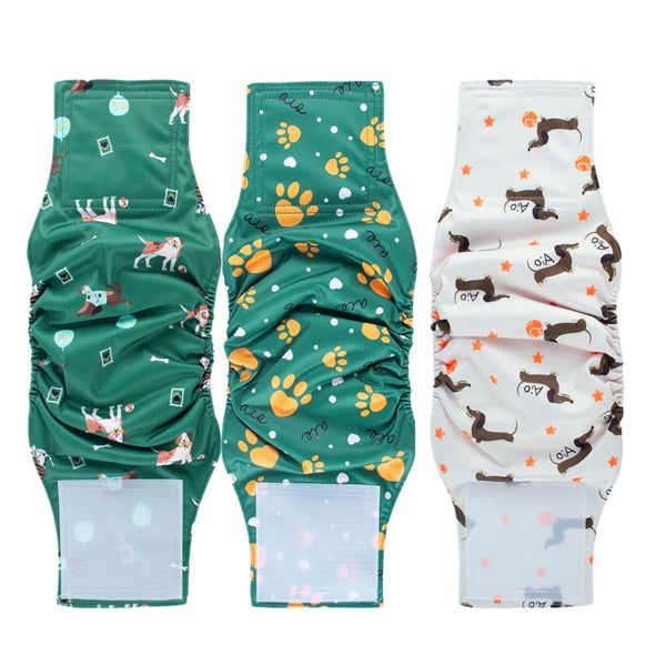 Three packs of washable dog sanitary wraps featuring green and white patterns with paw prints and small animal silhouettes