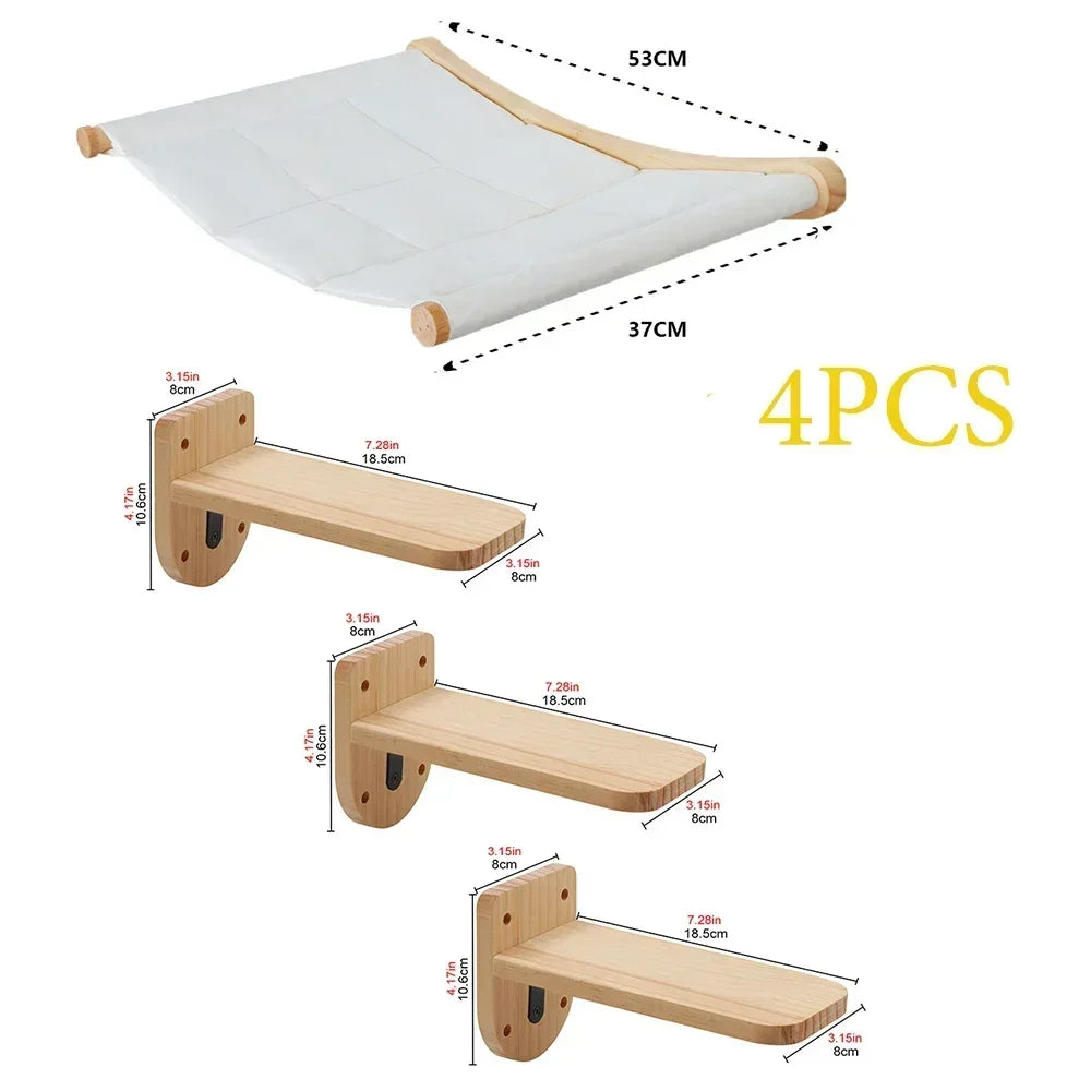 Four wall-mounted cat trees with scratching stairs and hammocks in light wood color.