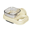A transparent hanging bird feeder box with a light beige plastic base and handle.