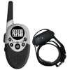 A black rechargeable dog training collar with a remote transmitter and a coiled strap is shown.