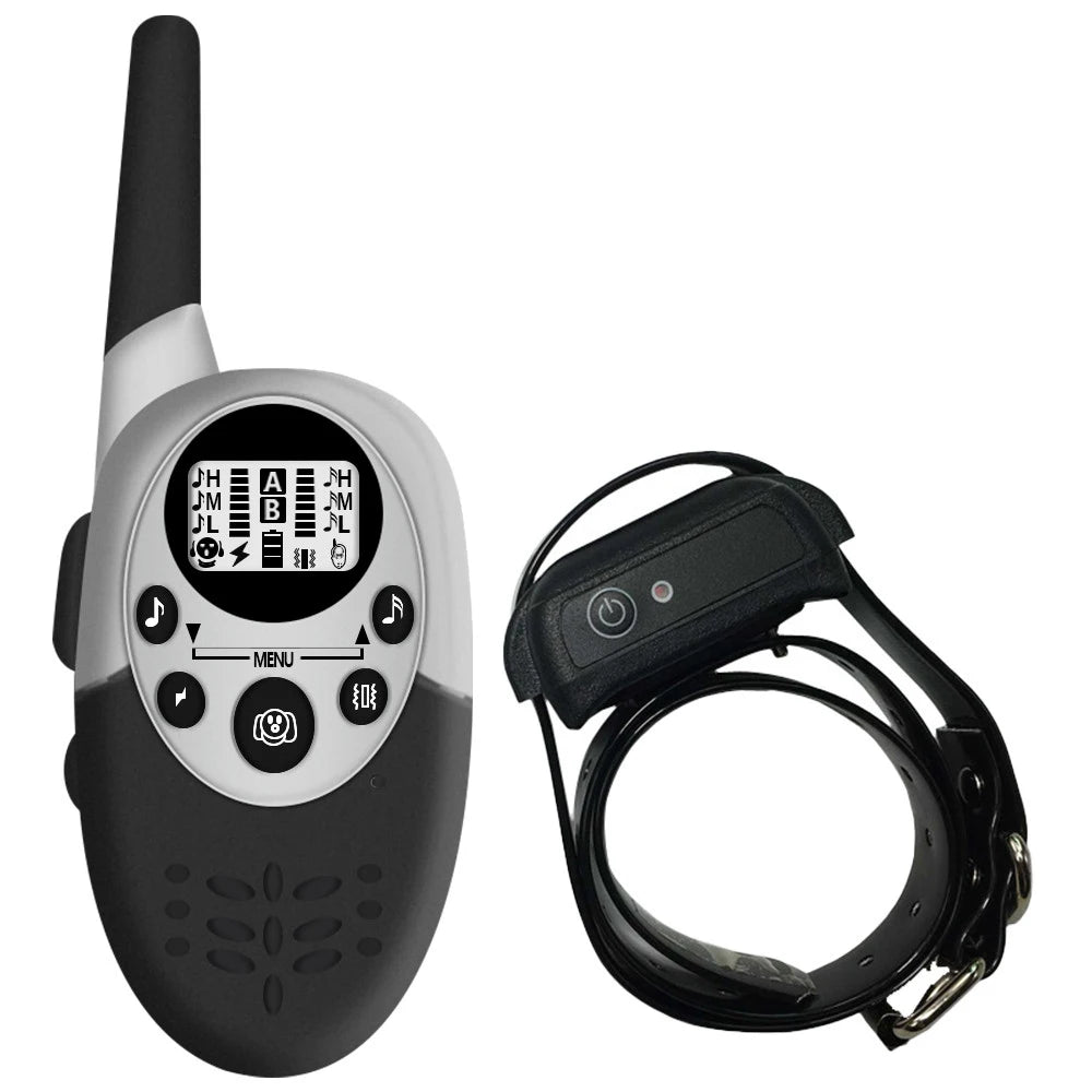A black rechargeable dog training collar with a remote transmitter and a coiled strap is shown.