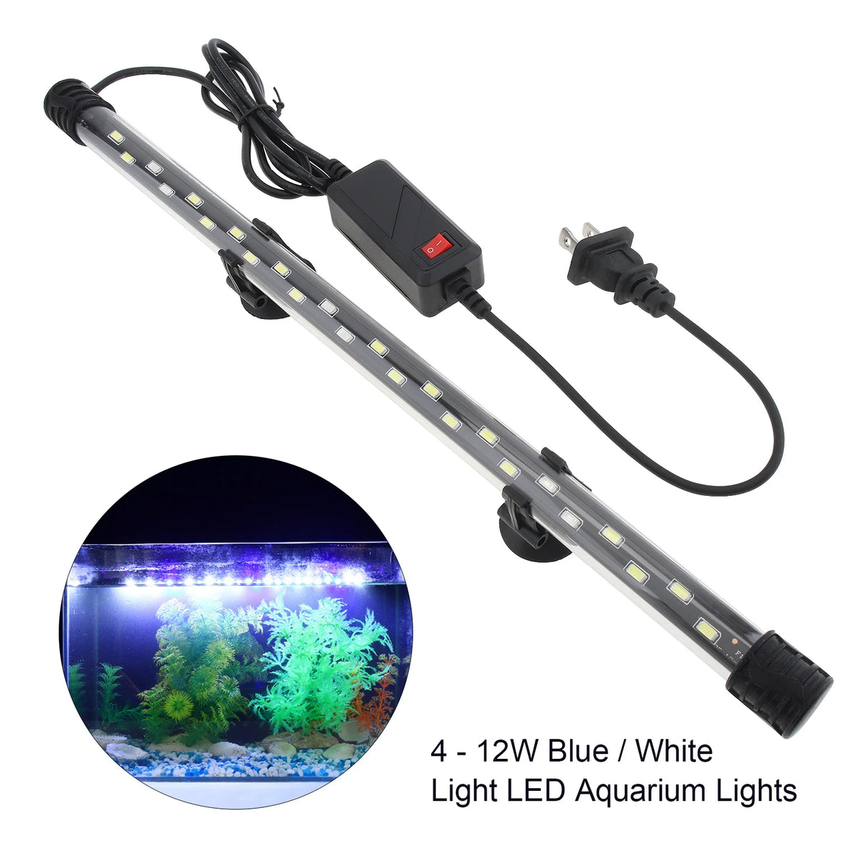 A kit of 4 to 12W blue and white LED light bars for aquariums with a power adapter and cable.