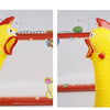 A yellow squeaky rubber chicken dog toy shown in two views.