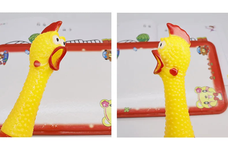 A yellow squeaky rubber chicken dog toy shown in two views.