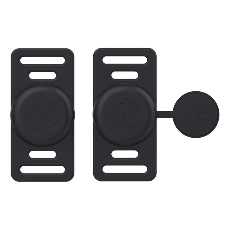 Black silicone airtag holder with a clip for pet collars