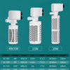 Three white submersible aquarium filter pumps with varying power ratings and lengths shown side by side.