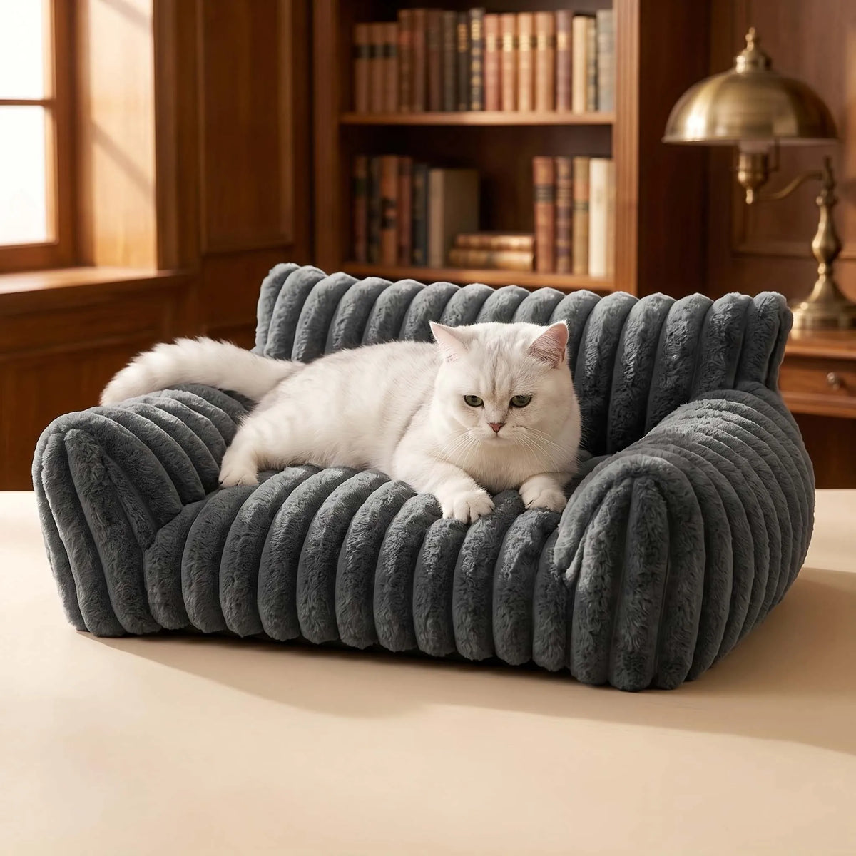 Un chat blanc duveteux se repose confortablement dans un lit canapé en tissu gris foncé à côtes.