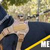 A black dog wearing a tan tactical dog harness with a metal D-ring attached for training.