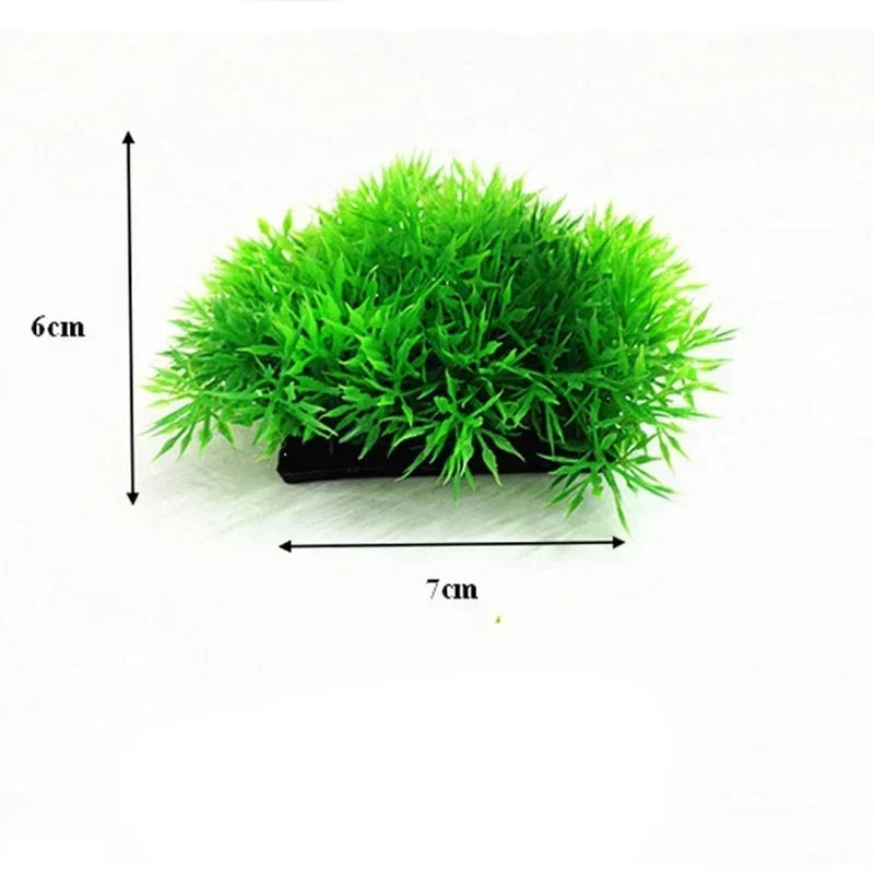 A dense, bright green artificial plant used for fish tank decor, measuring 6cm high and 7cm wide.