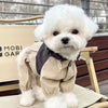 Un chien blanc et duveteux portant une combinaison imperméable beige assis sur une surface en bois.