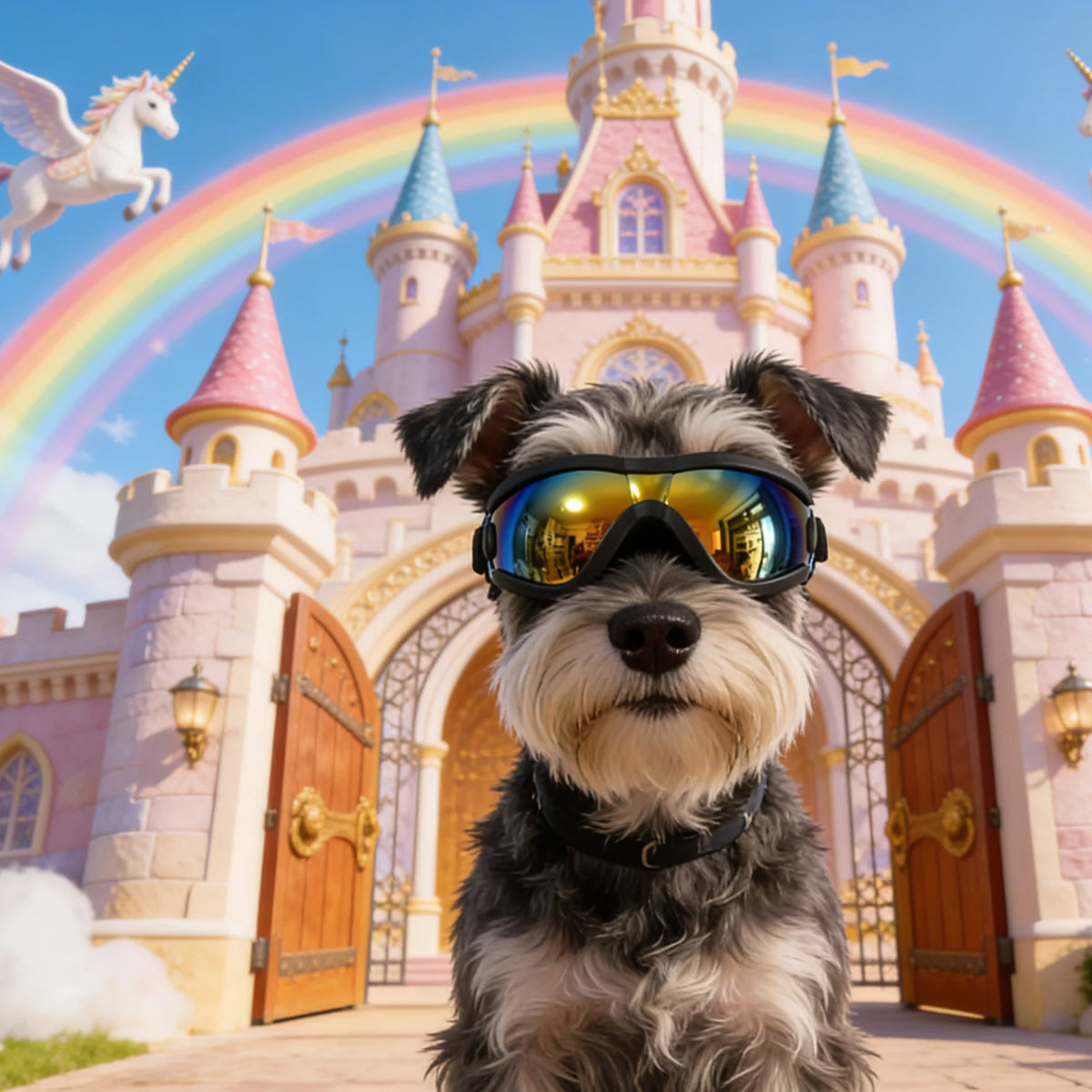 A dog wearing UV protection sunglasses standing in front of a fairytale castle entrance.