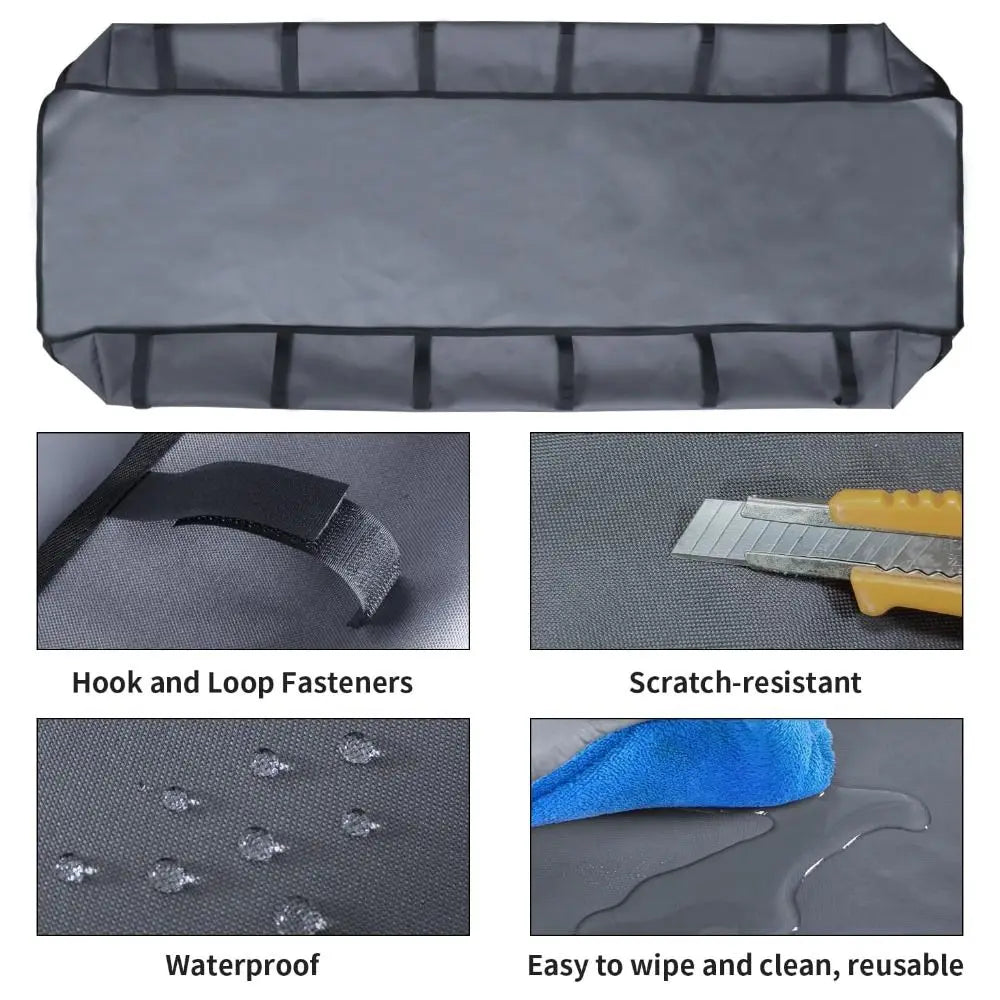 Un revêtement d'habitat noir imperméable avec attaches velcro, résistances aux rayures et un chiffon de nettoyage bleu.
