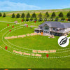 Outdoor dog fence system demonstrating detection range and penalty zone on a grassy field.