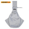 A gray adjustable crossbody dog sling carrier with a fabric pouch and strap.