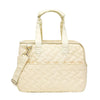 A beige quilted portable pet carrier bag with handles and a flap closure.