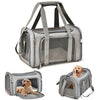 A gray travel pet carrier bag is shown with a padded interior and handles, alongside a dog sitting inside.