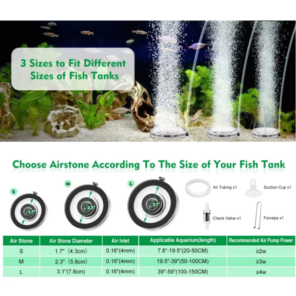 Three sizes of air stones for fish tanks labeled S M and L with corresponding dimensions.