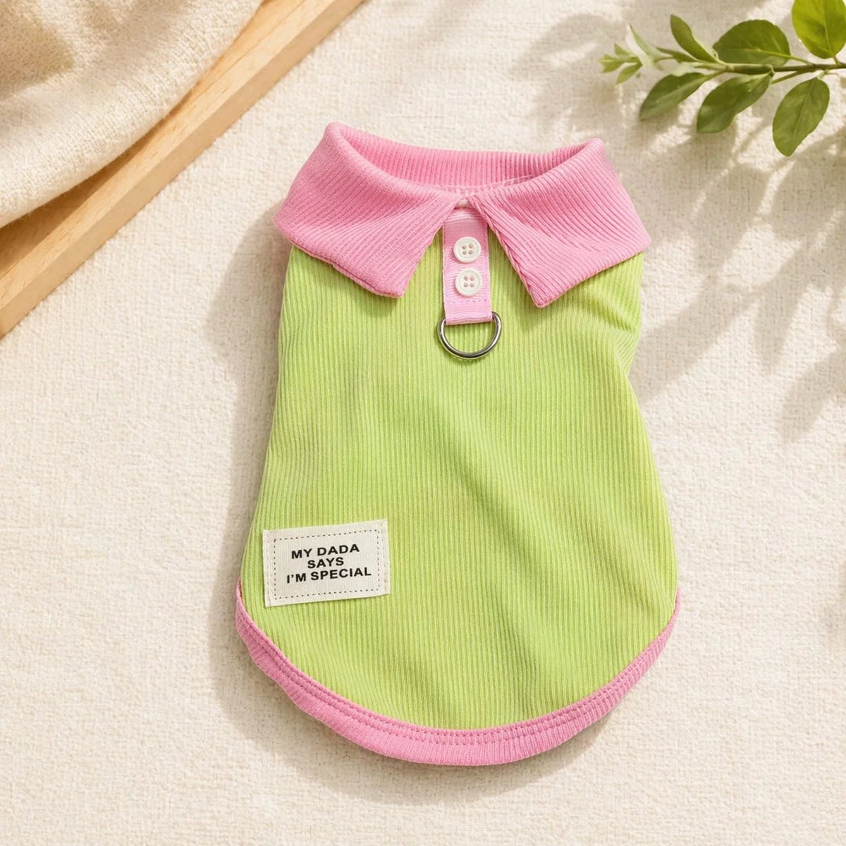 A pink and lime green knitted dog dress with a pink collar and a tag that says My Dada says I'm special.