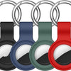 A silicone AirTag protective cover is shown attached to a metal keychain ring in various colors.