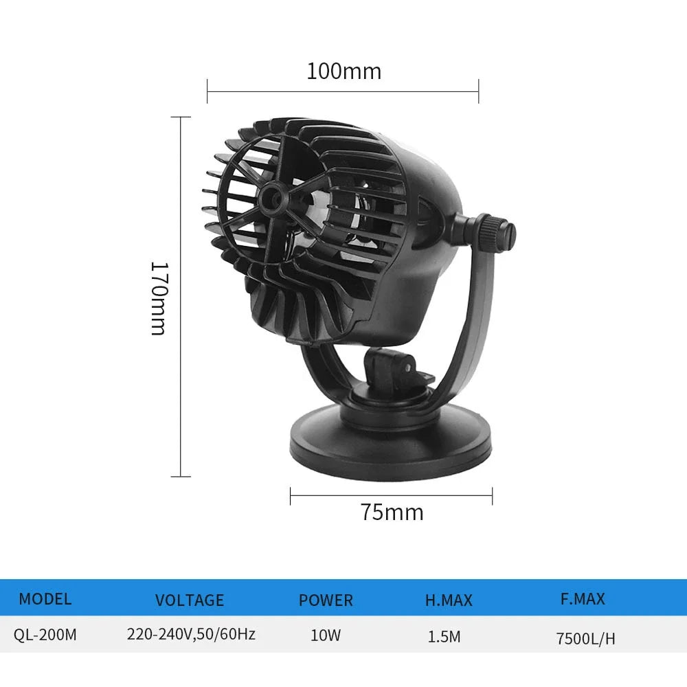 A black compact silent aquarium wave maker pump with a mounting base.