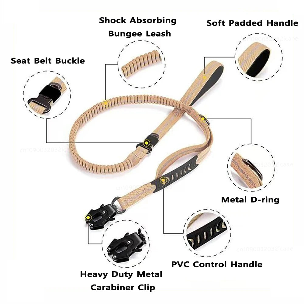 Diagram showing parts of a shock absorbing bungee leash including the seat belt buckle, handle, metal D-ring, and heavy duty 