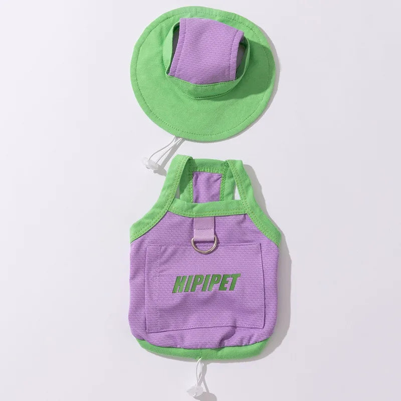 A purple breathable summer dog vest with a matching green sun protection hat.