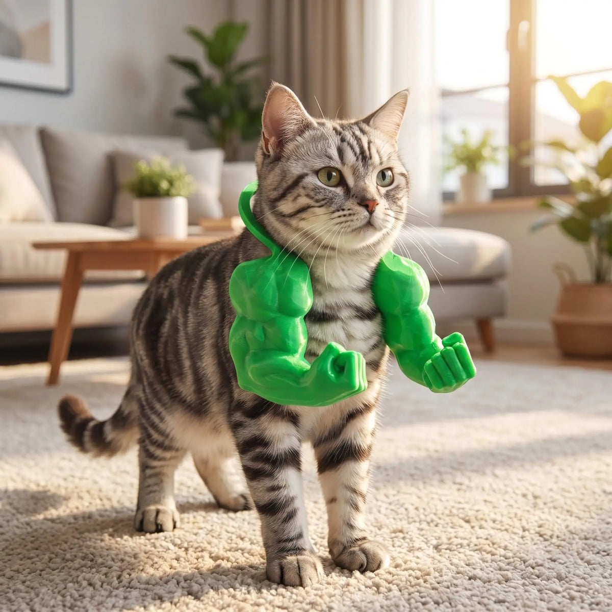 Eine tabbyartige Katze in einem leuchtend grünen 3D-gedruckten Muskelkostüm auf einem hellen Teppich.