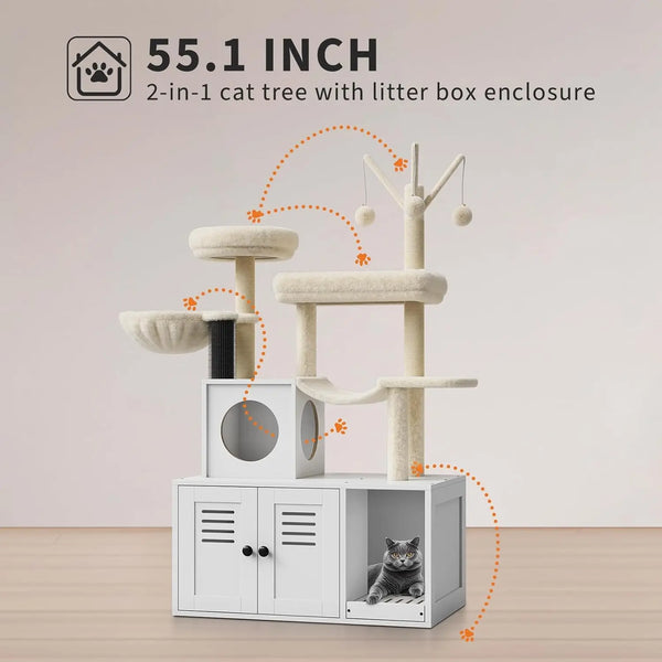 A white 55.1 inch 2-in-1 cat tree with a litter box enclosure featuring multiple levels and perches.