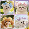 A collection of three fluffy dog hair bow sets featuring white, gray, and golden-colored pets.