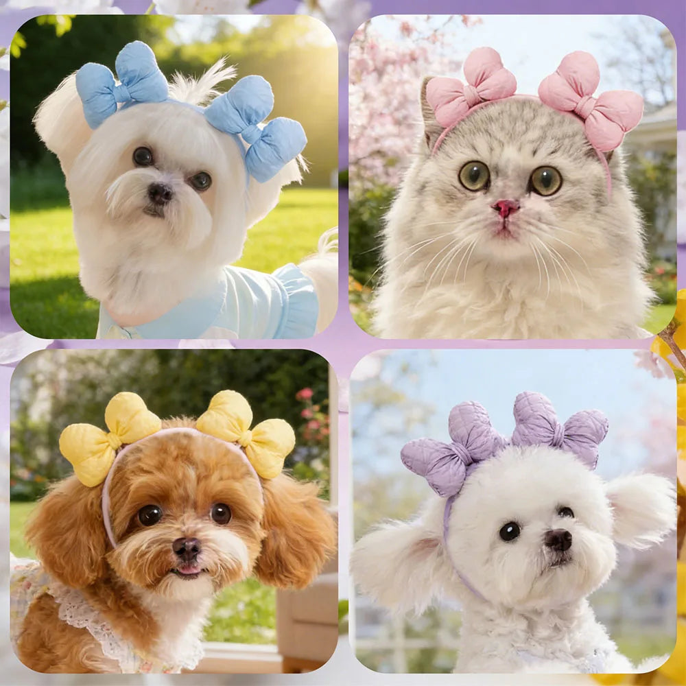 A collection of three fluffy dog hair bow sets featuring white, gray, and golden-colored pets.
