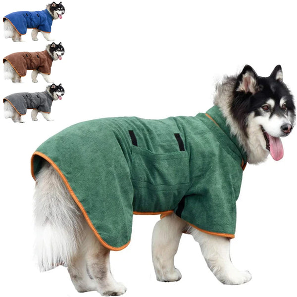 A green ultra soft pet drying towel and coat for a dog, shown alongside other dogs.