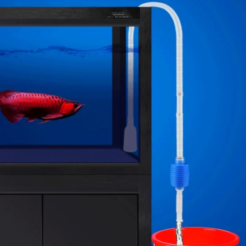 A semi-automatic aquarium siphon cleaner is shown with a clear tube and a red container, positioned next to an aquarium tank.
