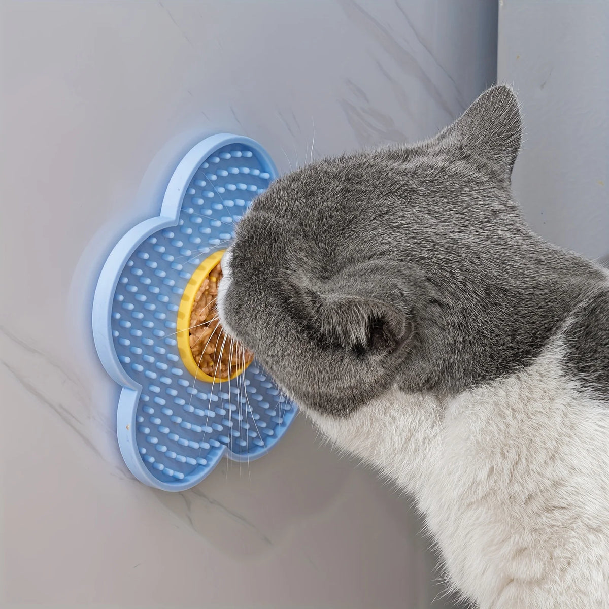 A gray cat licking a blue silicone mat designed for dogs and cats on a light gray surface.