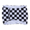A black and white checkered washable belly band for male dogs.