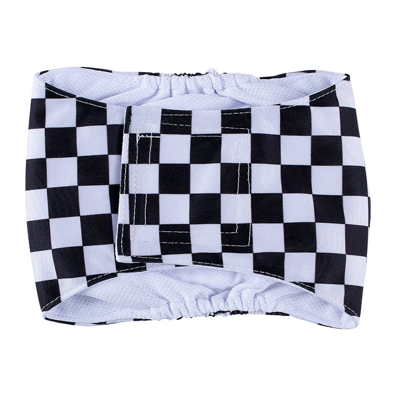 A black and white checkered washable belly band for male dogs.