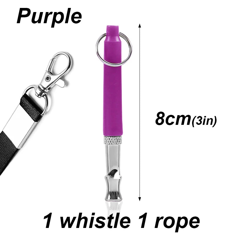 A purple ultrasonic dog whistle with a metal clip and rope for pet training.