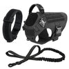 Black heavy duty tactical dog harness with a padded vest and molle pouch system