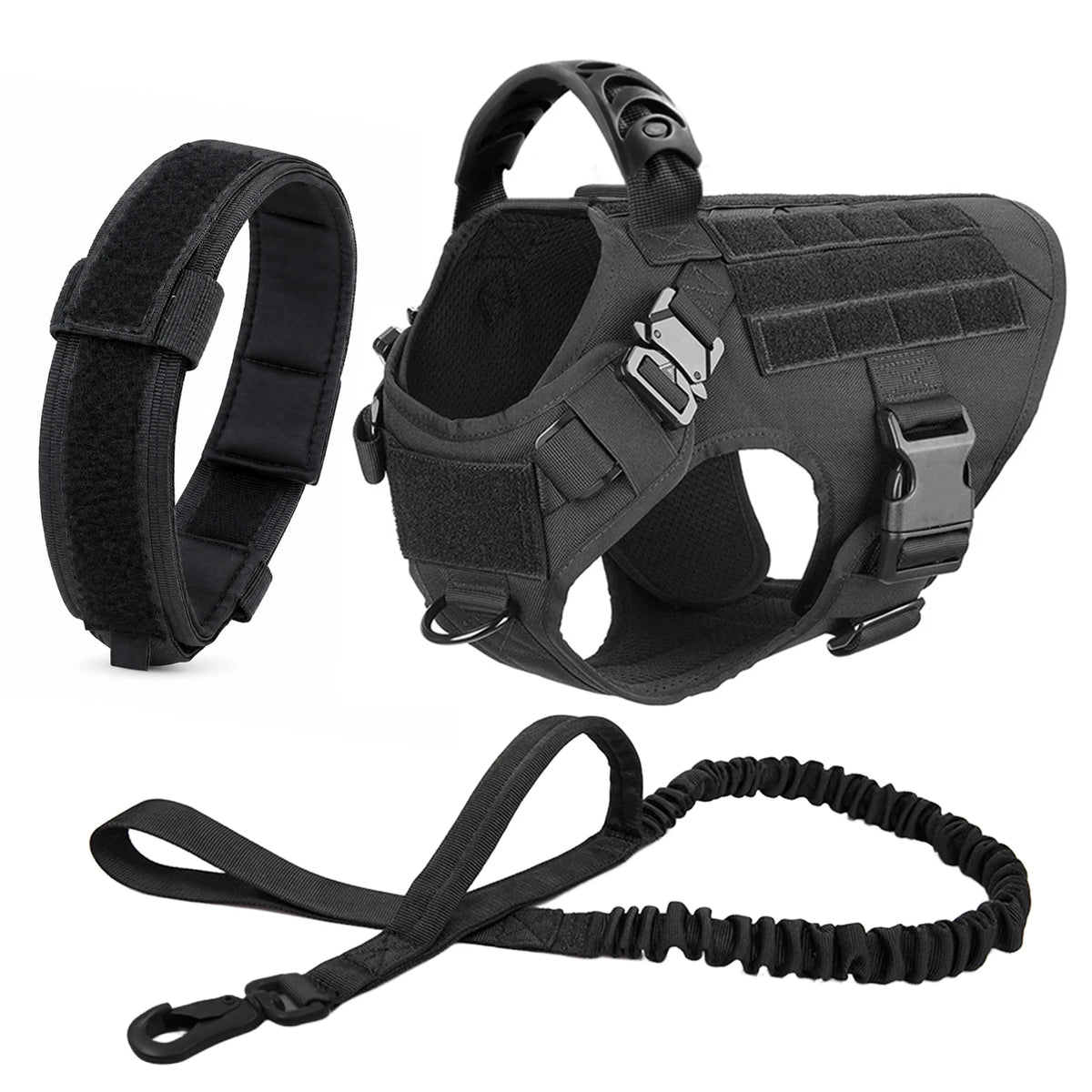 Black heavy duty tactical dog harness with a padded vest and molle pouch system