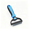 A blue and black pet detangler comb and grooming brush with a curved handle and a metal comb attachment.
