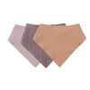 A pack of three soft cotton baby bibs in shades of pink, gray, and beige.