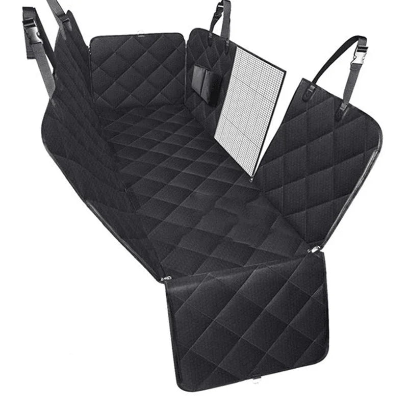 Black waterproof dog car seat cover featuring a mesh window and side zippers.