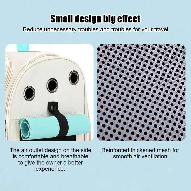 A white ventilated cat carrier backpack showing an air outlet design and reinforced mesh for smooth air ventilation.