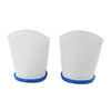 A pair of white reusable sand and silt filter bags with blue rims.