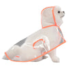 Ein weißer Hund in einem transparenten, wasserdichten Regenmantel mit orangem Zierrand.